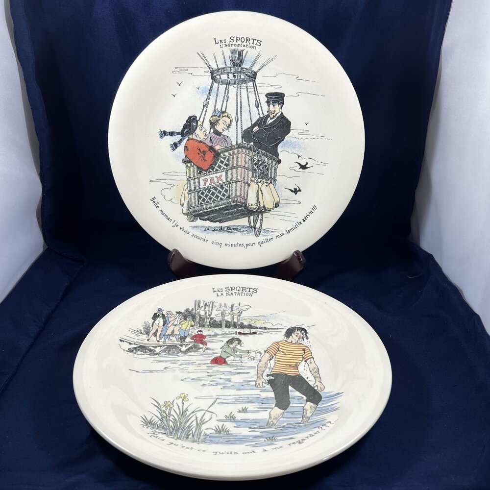 Vintage Boch La Louviere Ceramic Plates Les Sports Balloon & Swimming Scenes